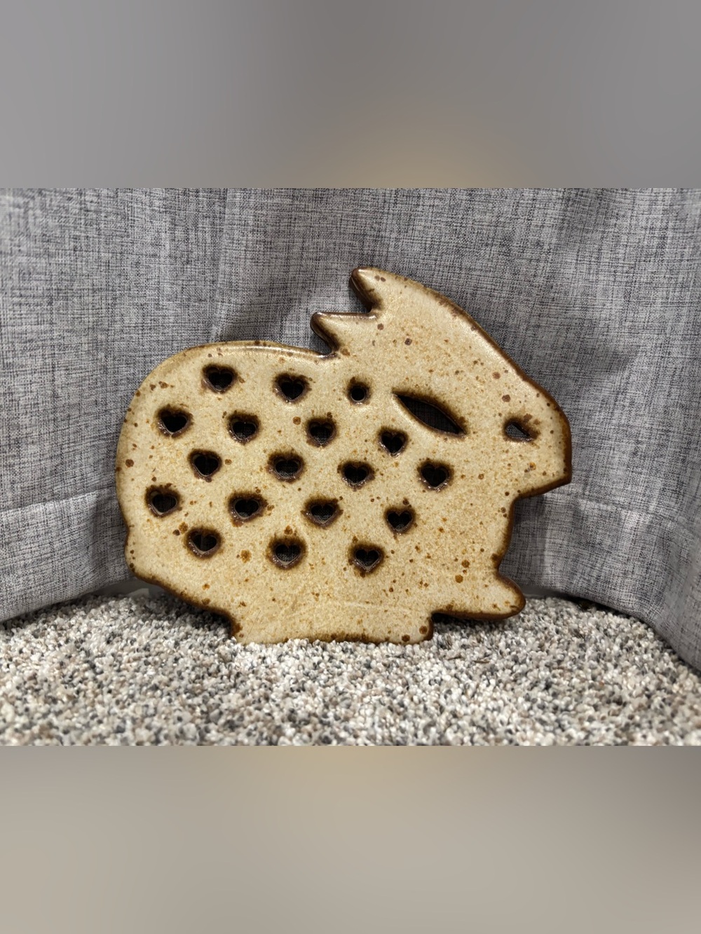 Vintage Stoneware Rabbit Trivet w/Speckled Glaze & Cut-Out Heart Shapes